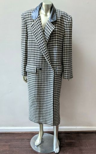 Vintage Houndstooth Black White Leather Collar Long Midi Maxi Women Coat L/xl