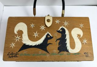 Vintage Enid Collins Wood Box Purse,  1960s ‘2scents Worth’ Skunks Stars