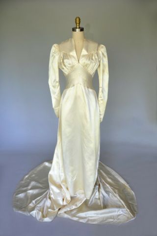 VTG 1940s Ivory Slipper Satin Wedding Gown Dress Modest Long Sleeves Winter S 2