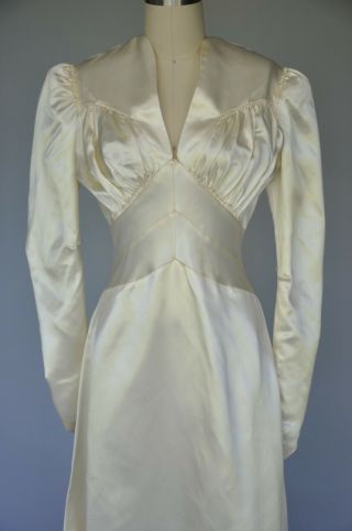 VTG 1940s Ivory Slipper Satin Wedding Gown Dress Modest Long Sleeves Winter S 3