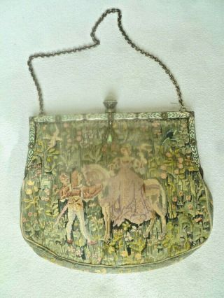 Antique Austrian Petit Point Tapestry Purse Enameled Silver Frame W/ Marcasite