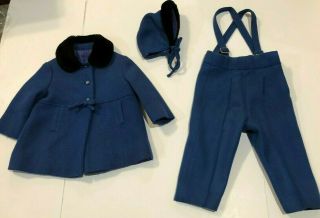1940 " S Toddler Craft Vintage Girls Blue Wool Tweed Coat,  Hat & Leggings Size 3t