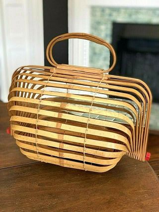 Vintage 1950s Japanese Bamboo Folding Purse Basket Handbag