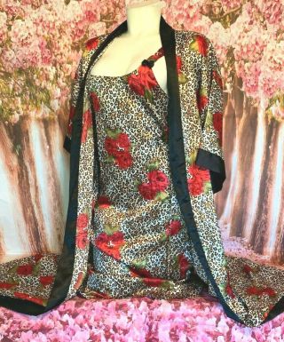 Vtg Contessa Di Long Satin Nightgown Floral Leopard Print Negligee Wrap Robe Sm