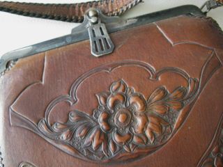 Antique Art Nouveau Deco Floral Tooled Leather Suede Lined Purse Circa 1910 8 2