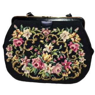 Large Vintage Floral Petit Point Needlepoint Tapestry Purse Ladies Handbag