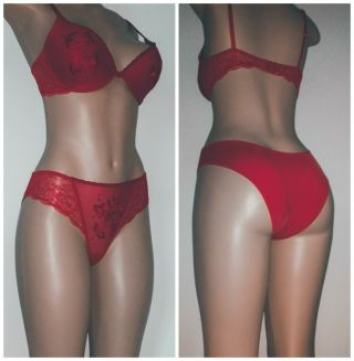 Vintage 2pc Silky Lace Bra Bikini Panties Set Red 38b L
