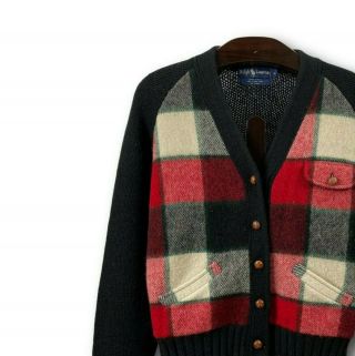 Vintage Ralph Lauren Black & Red Plaid 100 Wool Polo Cardigan Sweater Sz M