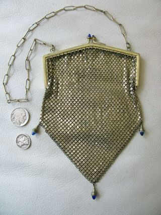 Antique Art Deco Gold Frame Blue Jewel 3 Ball Kiss Clasp Micro Chain Mail Purse
