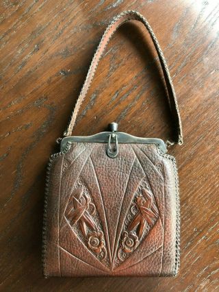 Antique Arts & Crafts Hand Tooled Leather Purse W/locking Clasp Art Nouveau