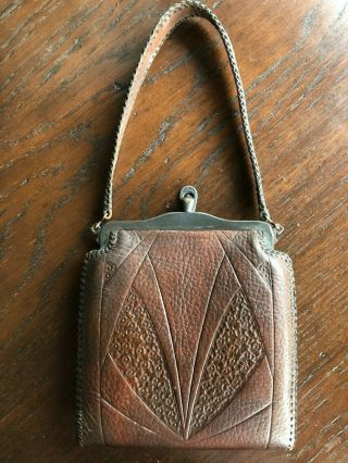 Antique arts & Crafts Hand Tooled leather Purse w/locking Clasp Art Nouveau 2