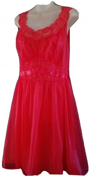 Vintage Vanity Fair Red Double Layer Nylon Lace Nightgown 40 Usa Large Sexy Gown