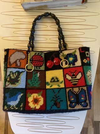 Vintage Rare Needle Point Purse Bag Wooden Beaded Handles 60’s / 70’s