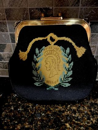 Vintage Tapestry Cross Stitch Purse Handbag Carpet Bag Trojan Spartan