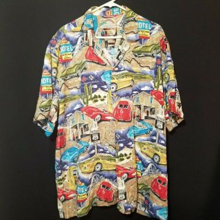 Vtg Paradise Found Classic Cars Hot Rods Route 66 Hawaiian Made Button - Up Shirt