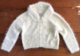Vintage 1950s 50s Rosanna Fuzzy Cream Angora & Wool Collared Cardigan Sweater S