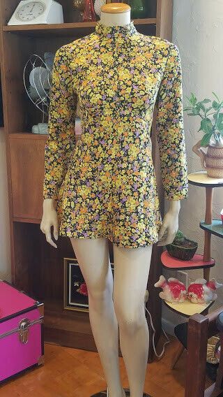 Vtg 60s 70s Mod Micro Mini Floral Psych Long Sleeve Hippie Tunic Dress S/m