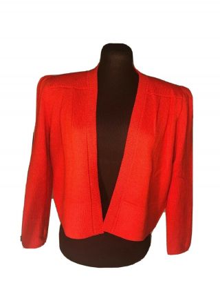 Vintage St.  John By Marie Gray Red Cardigan Pleated Shoulder Pads Mid Waist