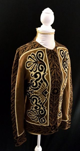 Vintage 70s Wool Catalina Jacquard Sweater Sz M - L Black Cream Brown 40bust