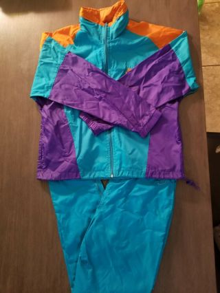 Vintage 80s Nike Swoosh Turquoise Purple Orang Nylon Track Suit Wind Suit Size M