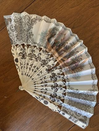 Ladies Antique Bone And Paper Fan W Mother Of Pearl,  Intricate Carvings