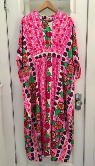 Vtg 60s 70s Greenecastle Floral Pink Kaftan Mumu Maxi Dress Hippie Mod Boho Osfm