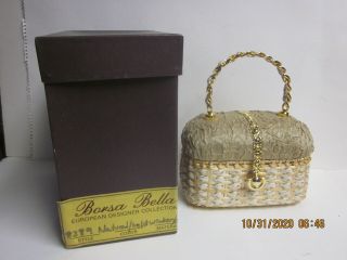 Vintage Borsa Bella Italy Wicker Silk Fabric Gold Tone Handbag Purse W/box