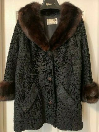 Black Vintage Persian Lamb Coat With Mink Collar And Cuffs