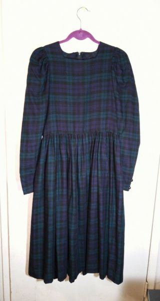 Laura Ashley Vintage 80s Tartan Plaid Prairie Wool Blend Green Size 10 Dress