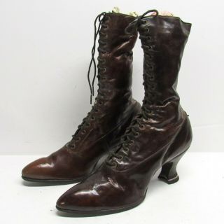 Antique 1900s Victorian High Top Lace Up Ankle Boots Brown Leather Spool Heel