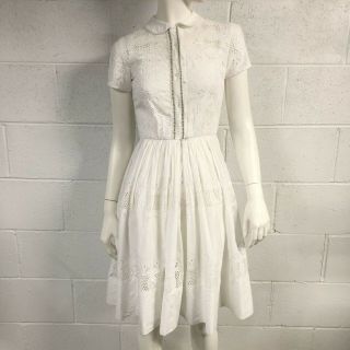 Womens Vintage 50s/60s Pat Hartley White Cotton Eyelet Shirt Dress Size Xs