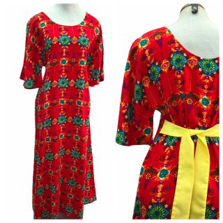 Vintage Vtg 1970s 70s Red Floral Patterned Boho Caftan Maxi Dress