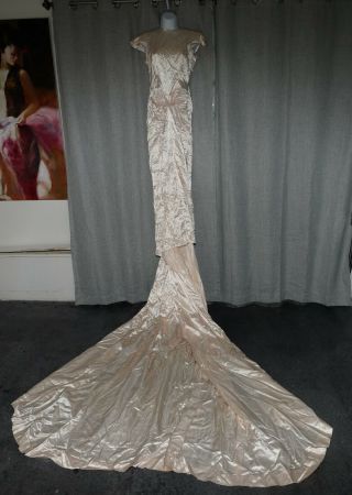 Vintage satin wedding dress gown long train slippery glossy silky bust 34 2