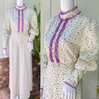Vtg 70s Hippie Boho Gunne Style Cotton Victorian Edwardian Calico Maxi Dress L