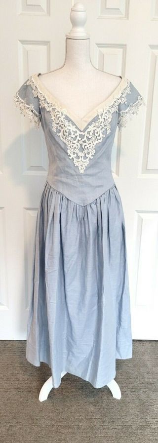 Vintage Jessica Mcclintock Blue Linen Dress With White Lace 12