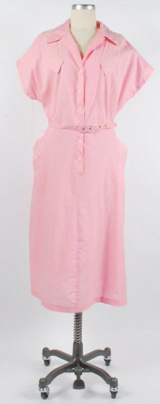 Vintage 50s Pale Pink Shirtwaist Dress W/white Embroidery Tags Xxl 2xl