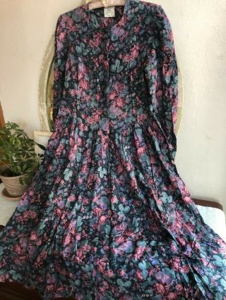 Vintage 80s Laura Ashley Floral Wool Blend Dress 12 Us 14 Uk Full Skirt Buttons