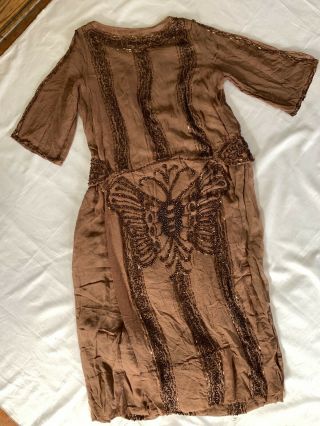 Antique Beaded Brown Butterfly Silk Flapper Dress 1920s True Vintage Gown S M