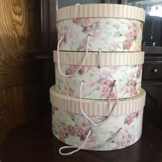 Tina Higgins Tri - Coastal Designs Pink Rose Floral Stackable Hat Boxes Set Of 3
