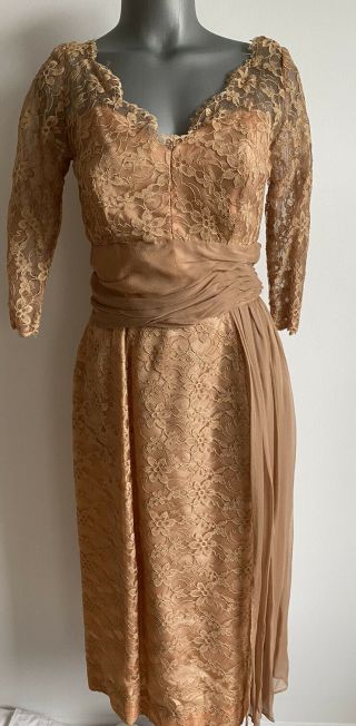 Stunning 1950s Emma Domb Lace Satin Silk Chiffon Draped Dress W Boned In Bodice