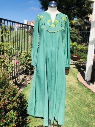 Vintage 1970s Prairie Dress Long Sleeve Embroidered Green Long Dress