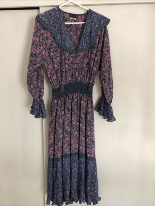Vtg Diane Freis Georgette Hong Kong Stunning V - Neck Dress W/elastic Waist