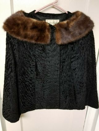 1950s Black Persian Lamb Fur Jacket With Mink Collar / Custom Made From Martin 