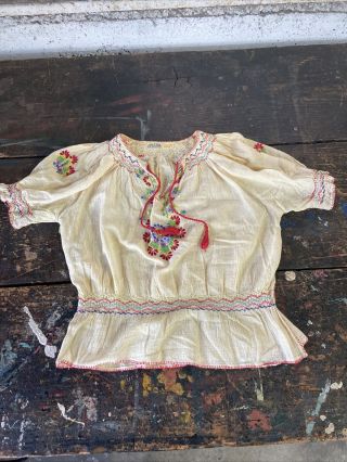 Vintage Womens 1950’s 60’s Peasant Blouse Embroidered Cotton Linen Top Hippie