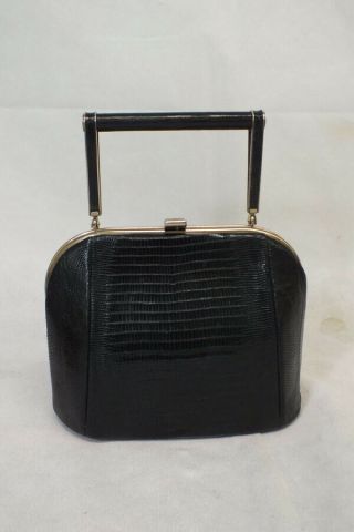 Vintage 1950s 1960s Black Lizard Leather Purse Hand Bag With Rigid Handle