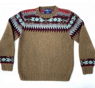 Vintage Polo Ralph Lauren Wool Hand Knit Aztec Southwest Sweater Womens S Brown