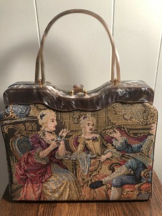 Vtg 1950s Rialto? Victorian Figural Tapestry Handbag Purse Lucite Frame/handles