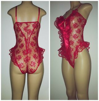 Vintage Sexy Teddy Sheer Bodysuit Lingerie Cami Panties Red Satin Lace 36 - 38 M