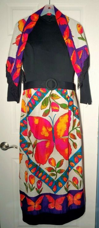 Vintage 60s/70s Mod Psychedelic Butterfly Floral Print Maxi Dress,  Fringe Shawl