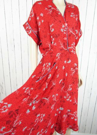 Vintage 40s 50s Red Turquoise Novelty Print Rayon Dress Piping Pocket Dolman